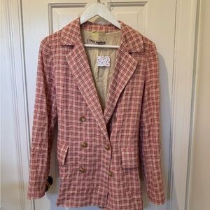 Free People Red Plaid Double-Breasted Blazer